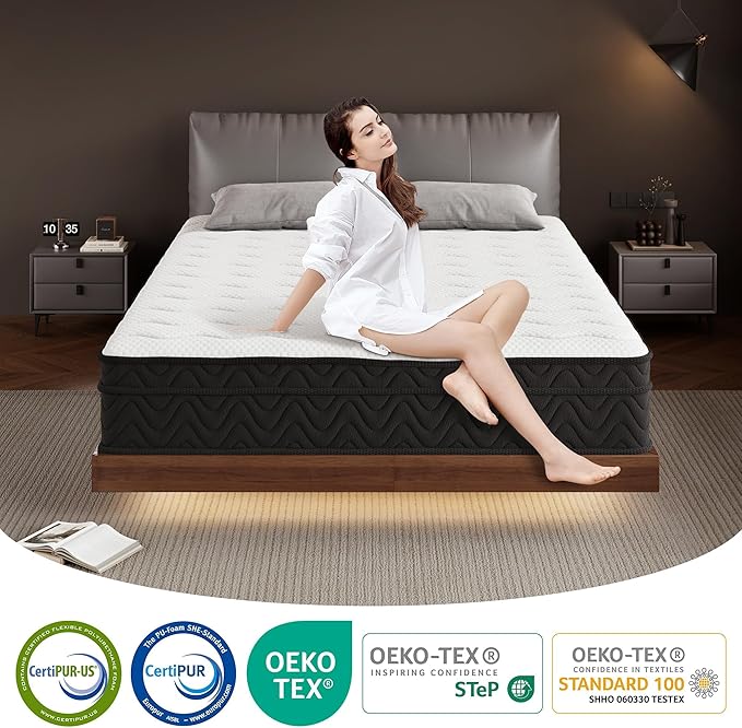 Queen Mattress, 10-in Deluxe Hybrid Mattresses, Memory Foam Mattress in a Box, Individual Pocket Spring-Motion Isolation-Medium Firm-Extra Edge Support, CertiPUR-US, 365 Nights Trial