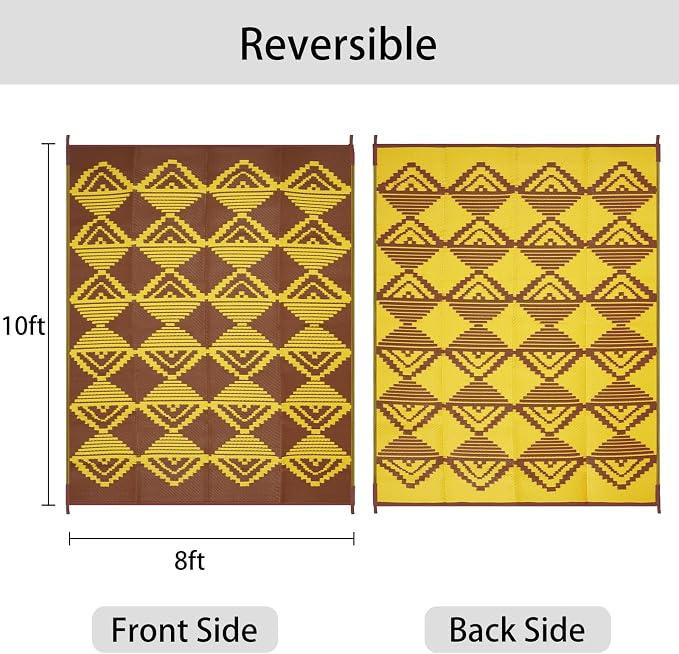 Anidaroel Patio Rugs Outdoor 8x10ft Waterproof, Reversible Camping Rugs for Outside RV, Outdoor Plastic Straw Outside Area Rugs for Patio, Backyard, Pool Deck, Picnic (Yellow&Brown,8‘x10')