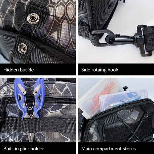 Fishing Backpack Outdoor Tackle Backpacks Small Sling Backpack with Rod Gear Holders for Fish Hunting and Traveling (A: Camouflage Black)