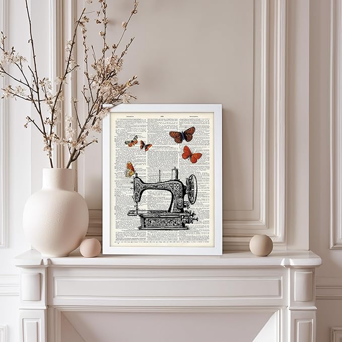 Poster Master Dictionary Art Poster - Sewing Machine Print - Sewing Art - Butterfly Art - Gift for Men, Women & Dressmaker - Chic Decor for Living Room, Bedroom or Office, 11x14 White Framed