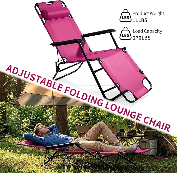 Outdoor Folding Chaise Lounge Chair, Patio Sun Lounger Reclining Beach Chair Sun Patio Pool Lawn Recliner Chair (Pink)