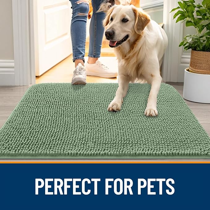 OLANLY Dog Door Mat for Muddy Paws 32x20, Absorbs Moisture and Dirt, Absorbent Non-Slip Washable Doormat, Quick Dry Chenille Mud Mat, Entry Indoor Entryway Carpet for Inside Floor, Olive Green