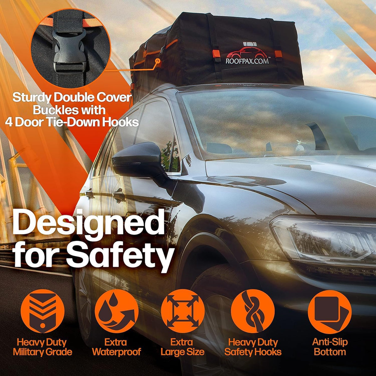 RoofPax Car Rooftop Cargo Carrier Bag Waterproof Storage - Including Double Zippers15 cft. with Heavy-Duty Tie-Down Straps fit Cars with/Without Roof Top Rack or Side Rails.