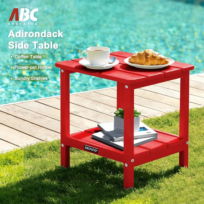 Outdoor Side Table HDPE Small Outdoor End Table Patio Side Tables Square for Backyard Pool Porch Balcony Double Layer Storage, Red (Wood Grain Finish)