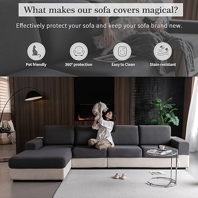 OHSIO Sectional Couch Covers, Wear Resistant Stretch Sofa Covers Washable Soft Couch Cushion Covers Anti Slip Furniture Protector Sofa Slipcovers for Pets (1 Piece Oversized Sofa Cushion, Dark Gray)