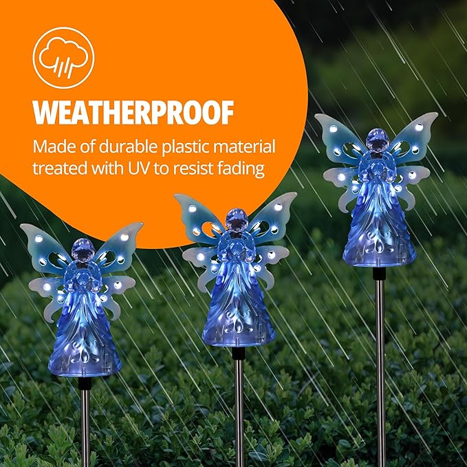 Exhart Garden Solar Lights, Decorative Angel Garden Stake, 12 LEDs, Cute Yard and Pathway Decor, Blue, 4 x 34 Inch