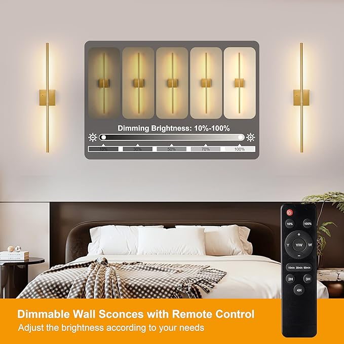 Morauroral 30″ Gold Battery Operated Wall Sconces Set of 2, Dimmable Wall