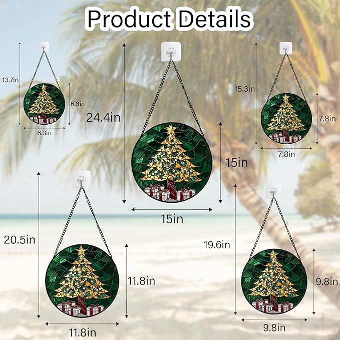Stained Glass Window Hanging - Gold Green Christmas Tree Suncatcher for Doors Home Christmas Decoration Winter Sun Catcher Thanksgiving New Year Birthday Gifts for Women Men Mom Nana 11.8 in