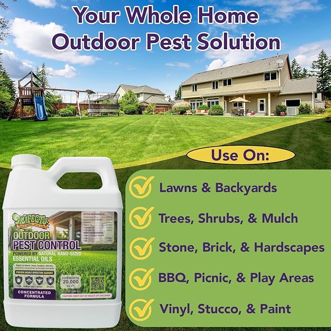 Trifecta Natural Outdoor Pest Control Yard Spray with Essential Oils | Mosquito, Ant, Flea, Tick, Gnat Killer on Contact & Repellent Treatment for Insects Bugs | Safe Around Kids & Pets | 32oz Conc