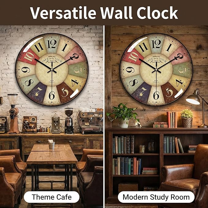 Vintage Wall Clock-12 Retro Rustic Style Quartz Clock, Silent Non-Ticking