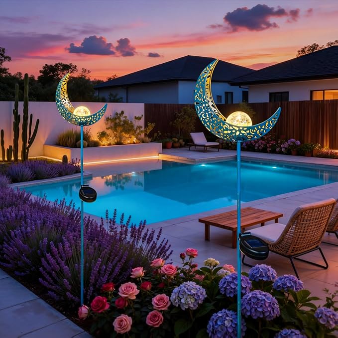Homeimpro Moon Solar Garden Lights Outdoor Stakes, Waterproof Crackle Glass Metal Yard Lights for Lawn, Patio Accessories, Backyard Decor, Birthday Gifts for Mom