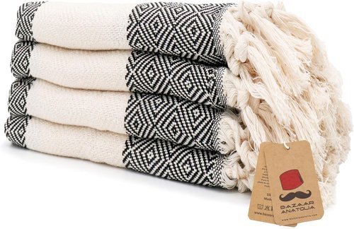 Bazaar Anatolia Hand Towels - Set of 4 Decorative Turkish Towels | 39" x 19" | 100% Cotton, Diamond Black