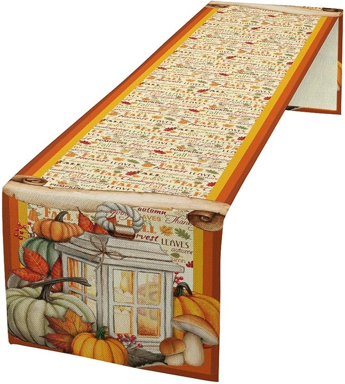 Fall Pumpkin Table Runner Rustic Farmhouse Mushrooms Leaves Berries Lanterns Thanksgiving Theme Home Decor for Farmhouse Indoor Outdoor Party Holiday Dining Kitchen Restaurant Cafe W13xL60in