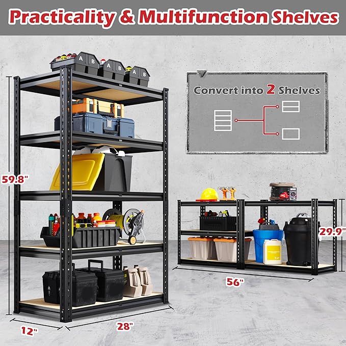 REIBII Storage Shelves 2020LBS Garage Shelving 5 Tier Heavy Duty Shelving Adjustable Metal Shelf 59.8" H Pantry Shelf for Kitchen Warehouse Basement 28" W x 12" D x 59.8" H, 2 Pack