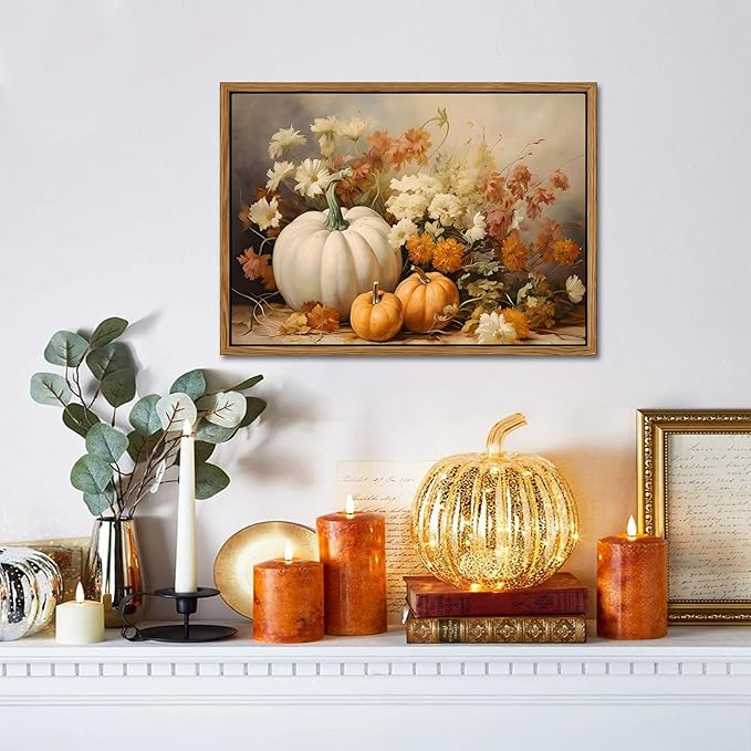 Framed Fall Pumpkin Canvas Wall Art - Farmhouse White & Orange Pumpkins Still Life Pictures Prints, Autumn Halloween Thanksgiving Wall Decor for Living Room Kitchen 12x16 inch