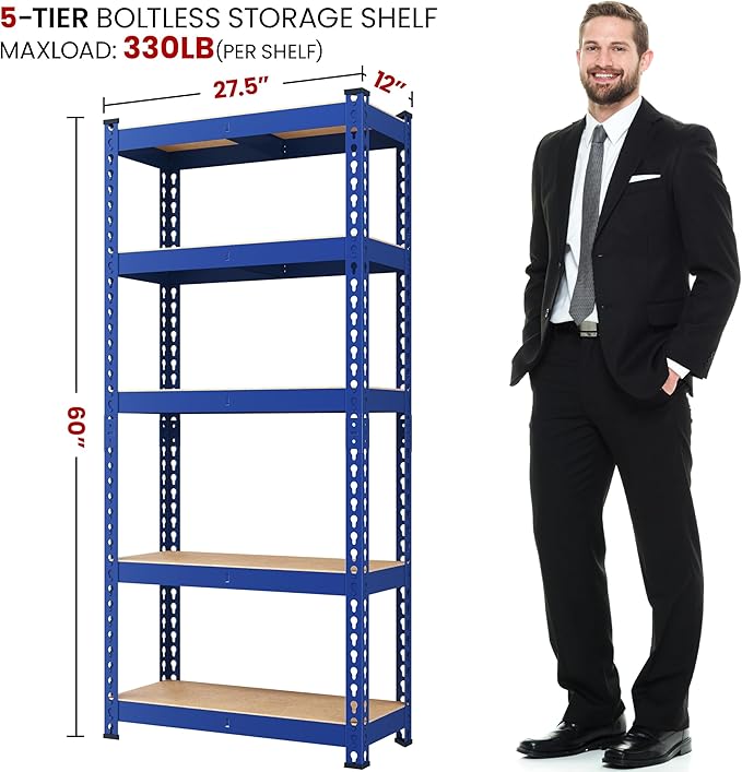 Yaheetech Storage Shelves 5 Tier Garage Shelving Heavy Duty Garage Shelves Adjustable Metal Shelving Unit Utility Rack Industrial Shelving for Warehouse Pantry Closet, 27.5" W x 12" D x 60" H, Blue