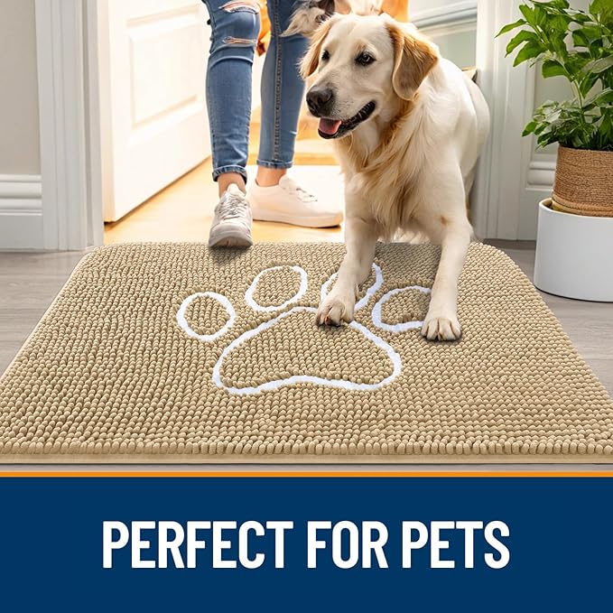 OLANLY Dog Door Mat for Muddy Paws 70x35, Paw Print Design, Absorbs Moisture and Dirt, Absorbent Non-Slip Washable Doormat, Quick Dry Chenille Mud Mat for Dogs, Entry Indoor Entryway Carpet, Beige