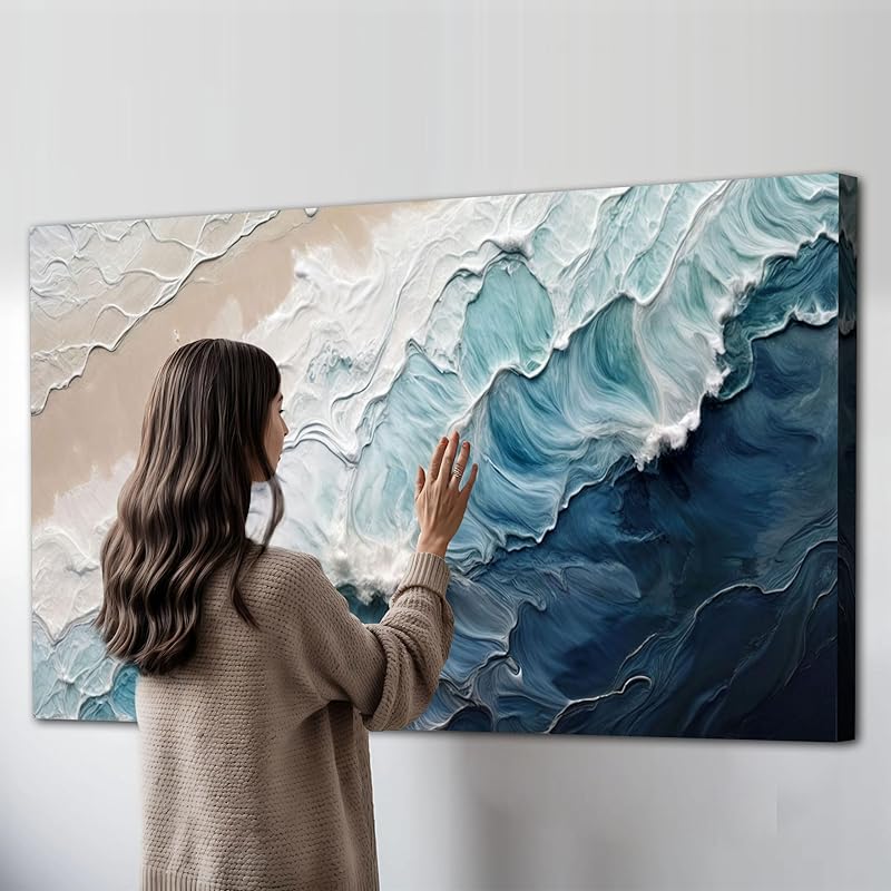 Tailored Canvases Crashing Coastal Waves Impasto Wall Art for Living Room, Abstract Seascape Canvas, Beach Paintings, Wave Artwork, Coastal Ocean Decor, Nautical Blue and White Accent Print 10x20