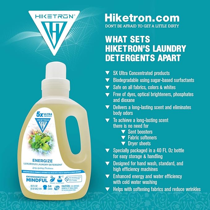Hiketron Energize Liquid Laundry Detergent, 5x Ultra Concentrated, Tough Stains, Long Lasting Scent (40 Fl Oz, Pack of 1)