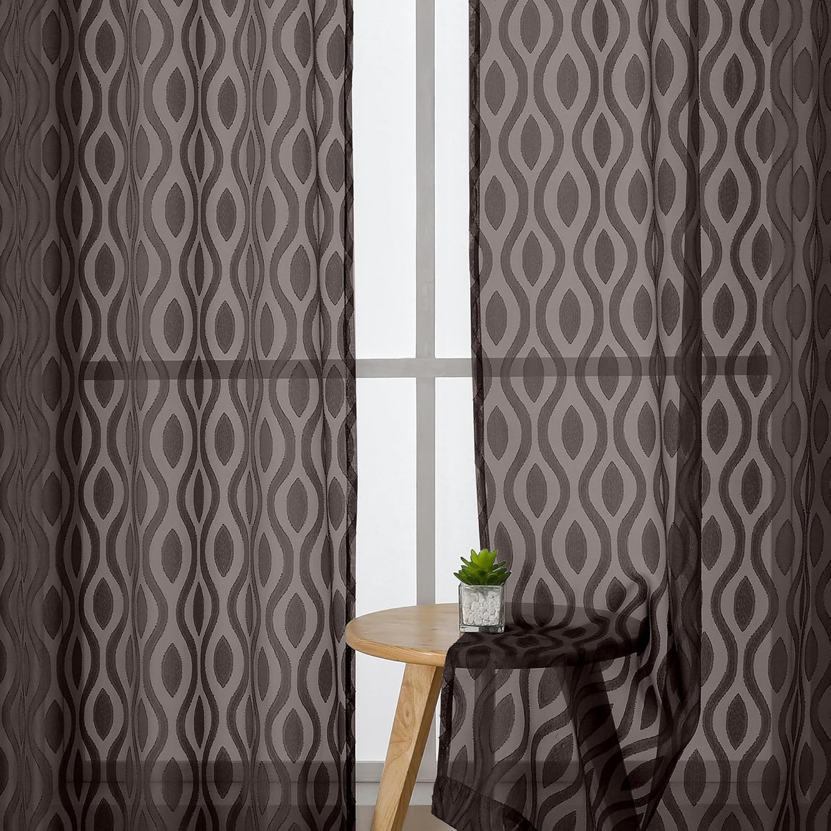 Aiyufeng Sheer Curtains 96 Inches Long for Bedroom and Living Room, 2 Panels, Farmhouse Wavy Line Light Filtering Clip Jacquard Solid, Rod Pocket, Brown, 40" W x 96" L