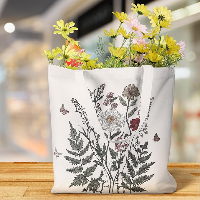 Bencailor 2 Pcs Spring Flower Canvas Tote Bags Reusable Wildflowers Herbs Plant Grocery Bags for Women Shopping Spring Gifts(Flower)