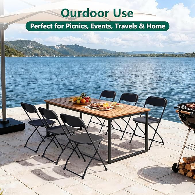 4 Pack Black Plastic Folding Chairs, Outdoor Portable Folding Chair with Steel Frame, 350lbs Capacity Stackable Foldable Chairs for Patio, Garden, Picnic, Kitchen, Events