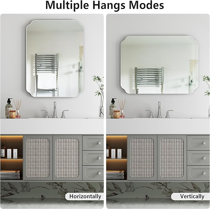 Bathroom Mirrors for Over Sink, Frameless Mirrors for Wall, 24x18 Inch Beveled