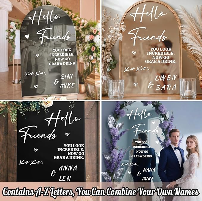 Personalized Wedding Welcome Sign Decals for Mirror Selfie Mirror Vinyl Decal for Wedding Party Entry DIY Bride and Groom Names Stickers Hello Friends Sign Decal for Seating Chart Board Backdrop Decor
