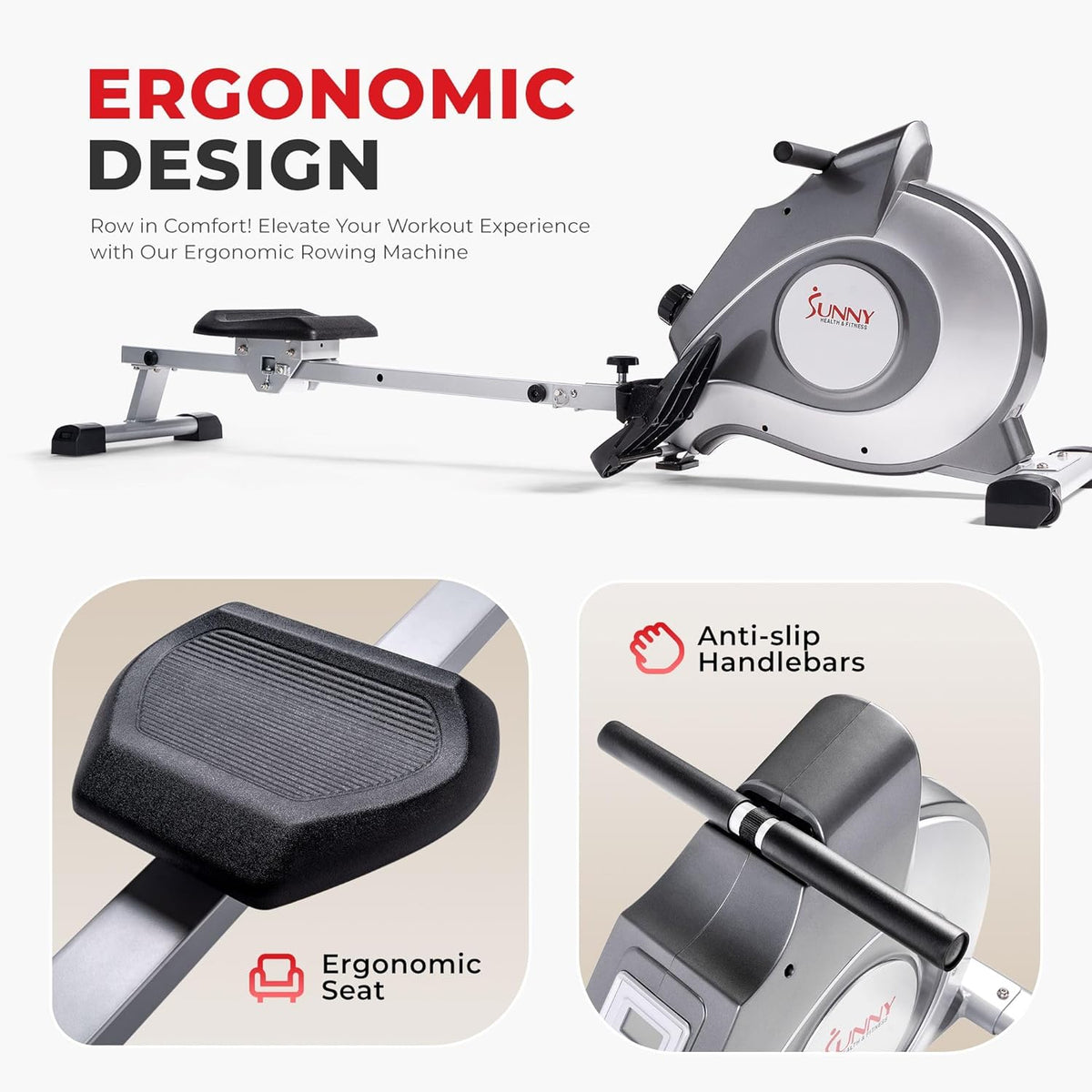 Sunny Health & Fitness Foldable Rowing Machine for Home - Full-Body Low-Impact Workout, Quiet Operation & Free SunnyFit App