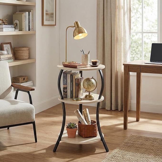Vintage Small Round Side Table, 3-Tier Slim Waist Circular End Table with Storage Shelf, Compact Tea Sofa Side Table, Round Corner Coffee Table Nightstand for Living Room Bedroom Small Spaces,Oak