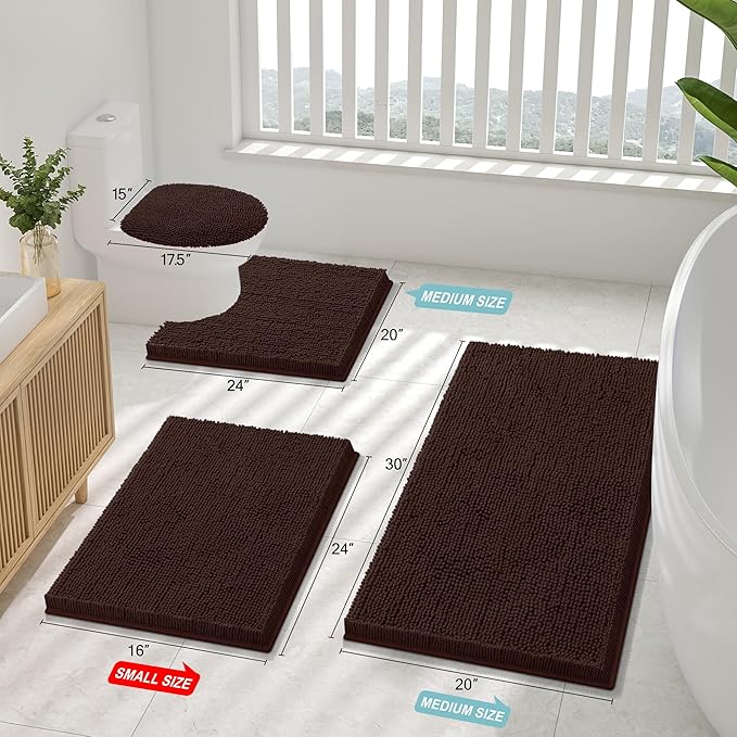 Smiry Luxury Chenille Bathroom Rugs 47x24, Extra Soft and Absorbent Shaggy Bath Mat, Machine Washable, Non-Slip Plush Carpet Runner for Tub, Shower, and Floor, Home Decor Accessories, Brown