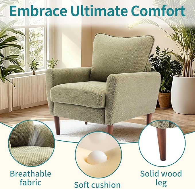OLIXIS Comfy Accent Chair for Living Room Bedroom and Waiting Room, Upholstered Mid-Century Reading Chair with Pillow and Solid Wood Legs, Wide Singe Modern Lounge Sofa (Green, 2 Pack)