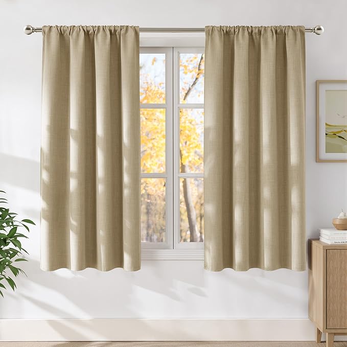 NICETOWN Oatmeal Faux Linen Room Darkening Rod Pocket Curtains 63 inch Length