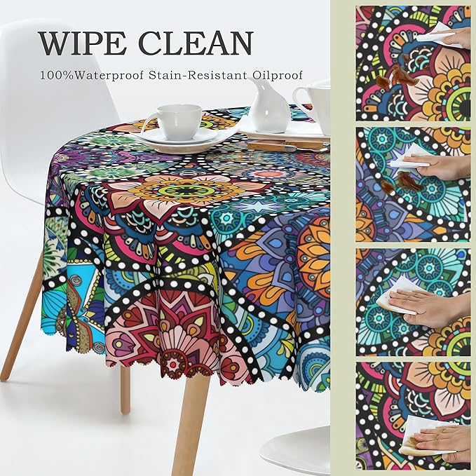 Eikione Boho Round Tablecloth 70 Inch Bohemia Table Cloth, Tablecloth Polyester Waterproof Stain Wrinkle Free, Indoor and Outdoor Round Table Cover