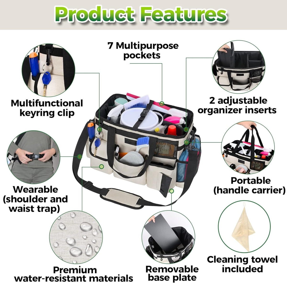 Cleaning Caddy Organizer with Handle - Large Caddy Bag for House & Bathroom Cleaning Supplies, 15 x 8 x 10.5 inches Cleaning Supply Caddy, Housekeeping Tote with Adjustable Strap - Beige