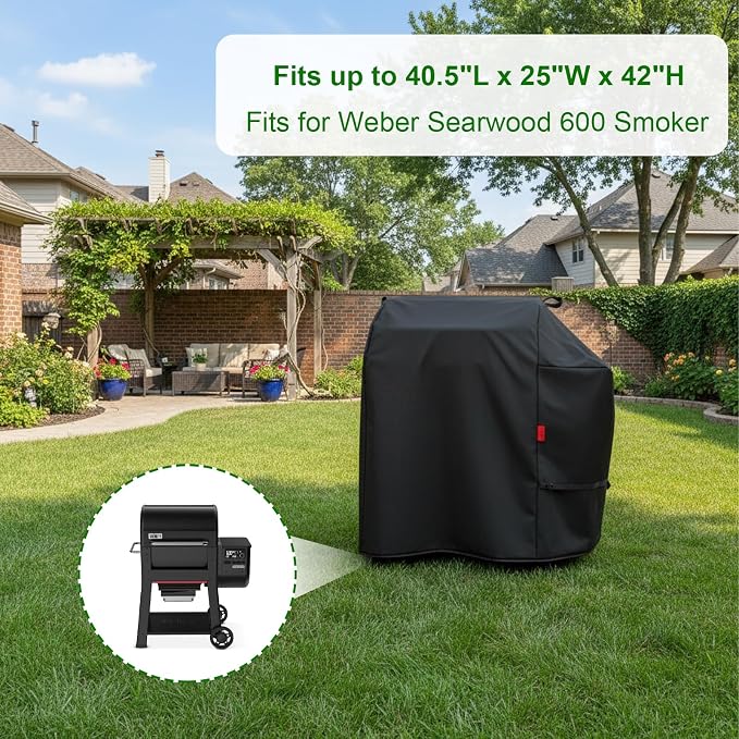 Outdoor Grill Cover Fits Weber Searwood 600 Pellet Smoker Grill,Heavy Duty Waterproof 600D BBQ Cover for Outside,UV Resistant with Storage Bag & Windproof Straps 40.5" W X 25" D X 42" H