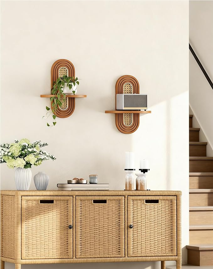 Floating Shelves for Wall, Boho Home Wall Decor, Rattan Plant Shelf Set of 2