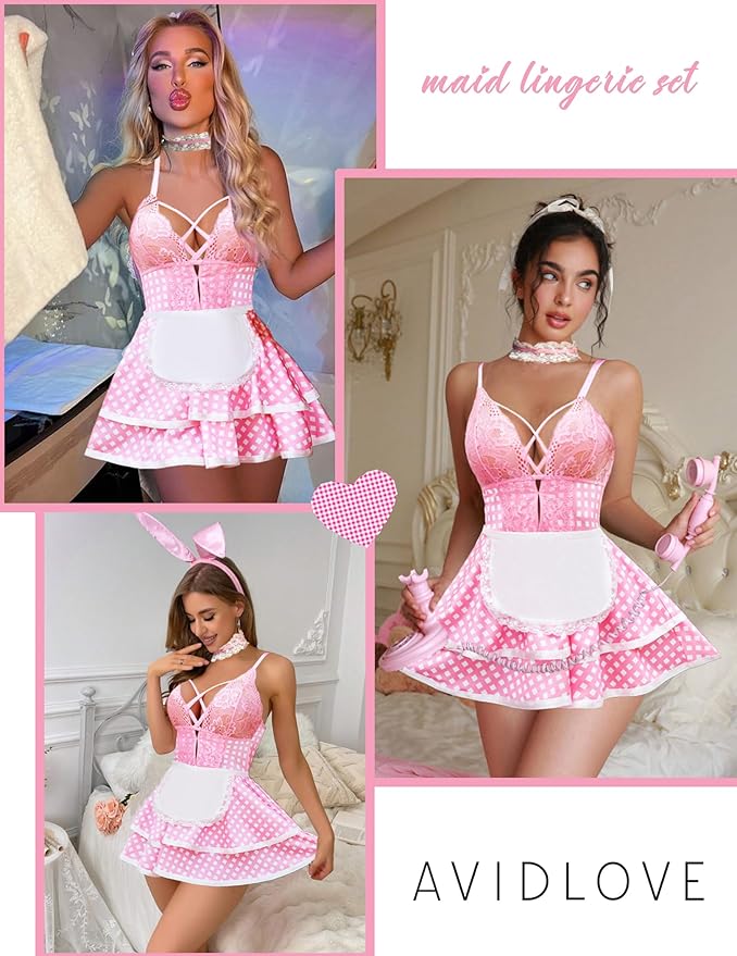 Avidlove Sexy Maid Lingerie for Women Halloween Outfit French Maid Costume Babydoll Lingerie Dress Cosplay Lingeries