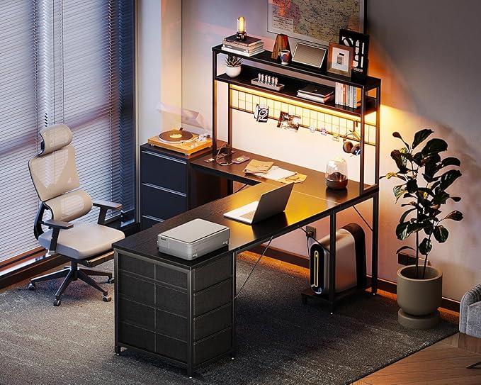 AODK L Shaped Desk Gaming Desk with LED Light & Power Outlet, 59 Inch Reversible L Shaped Computer Table with 4 Drawers for Home Office, Black