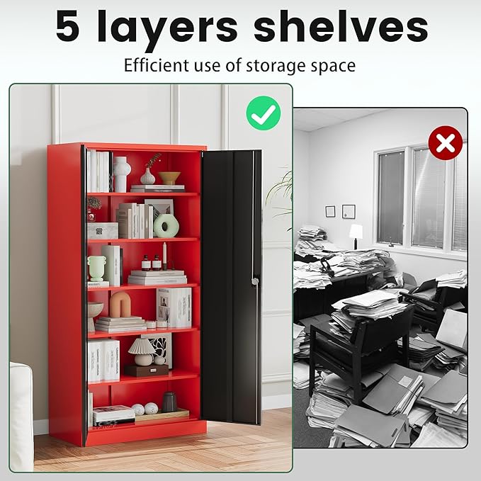 Letaya Metal Storage Cabinets with Lock, 71" Tall Locker Organizer Steel Cabinets, Adjustable Shelves 2 Doors for Home, Office, Warehouse,Garage,Industrial,Employee Lockers (Style B, Black Red)