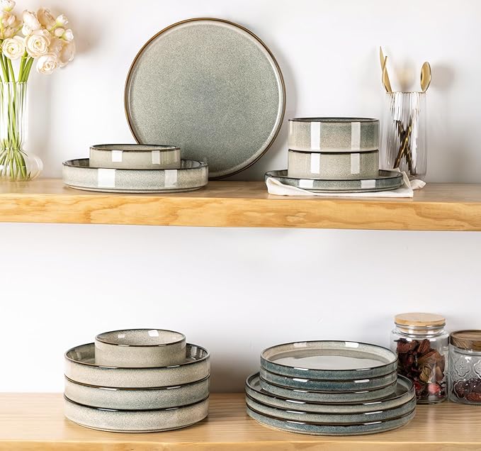 GBHOME Ceramic Dinnerware Sets for 4, 12 Pieces Stoneware Plates and Bowls Sets, Reactive Glaze Dishes -Scratch Resistant, Dishwasher&Microwave Safe