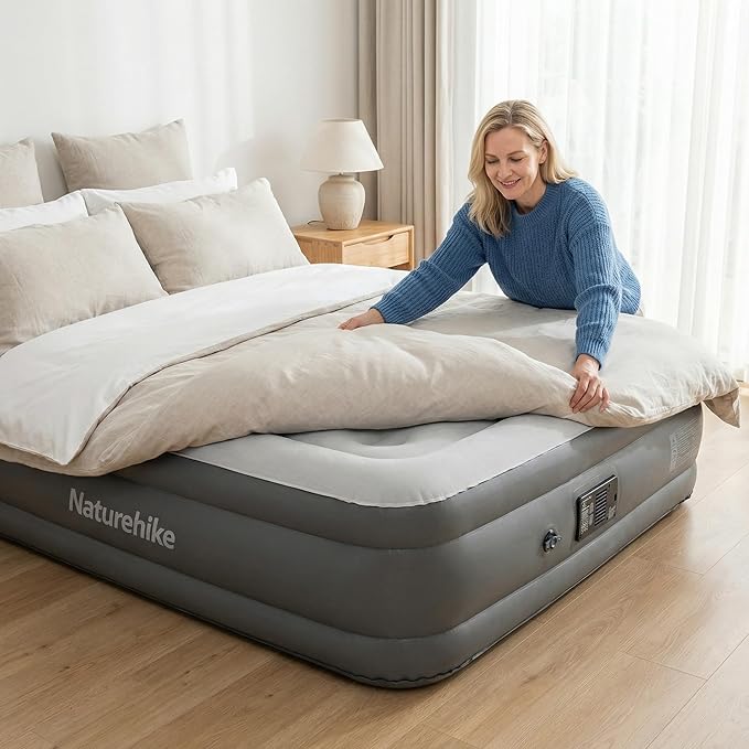 Naturehike Pongee Fabric Queen Air Mattress with Self-Stop High-Speed Built in Pump, 15.8" Thicken Deluxe Blow Up Mattress Waterproof, 2-Min Fast Inflatable Airbed for Home, Camping, Guests, Travel