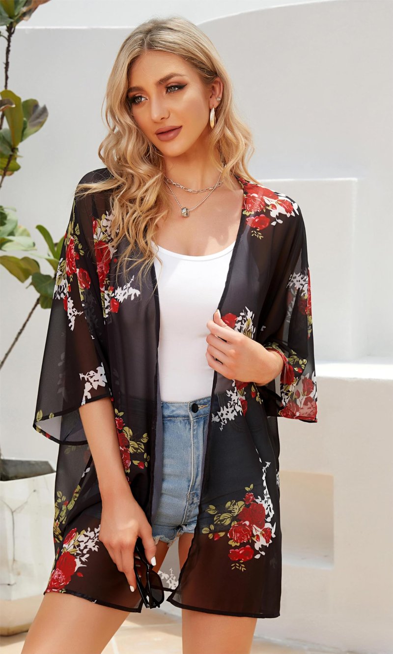 Women's Floral Kimono Print Puff Sleeve Loose Cardigan Cover Up Casual Blouse Summer Tops (Blue Yellow Floral, 2XL)