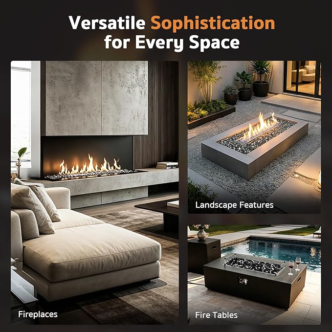 GASPRO 35 lbs Fire Glass for Propane Fire Pit, 1/2-Inch Reflective Fireplace Glass Rocks for Fire Pit Table, Black