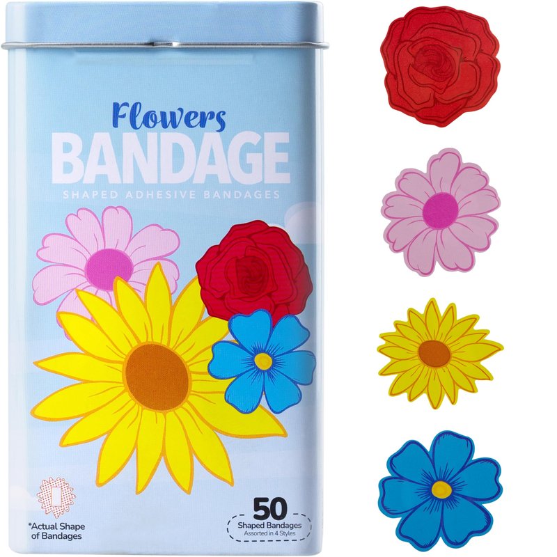BioSwiss Bandages, Flowers Shaped Self Adhesive Bandage Set, Latex Free, Sterile Wound Care, 50 Count