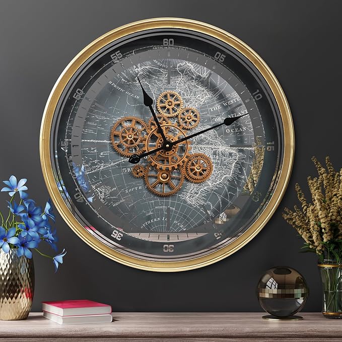 October Elf Large Real Moving Gears Wall Clock 24 Inch Vintage Industrial
