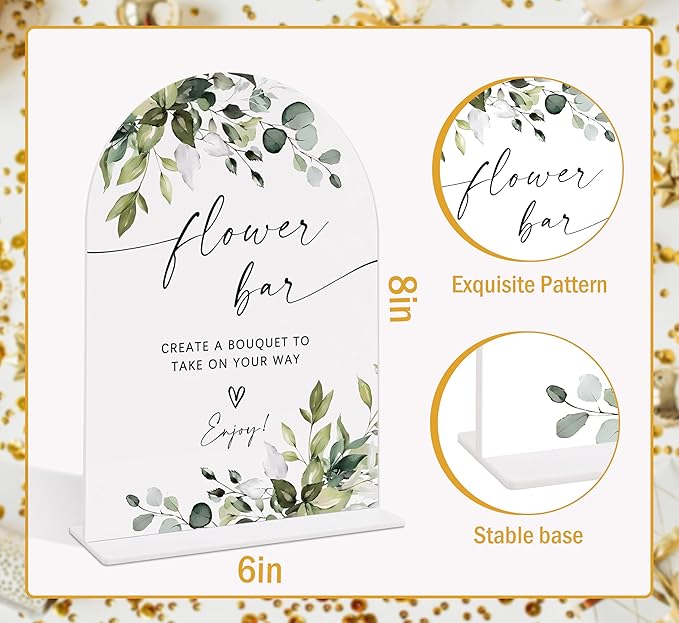 Wedding Signs for Reception, Green Leaves Flower Bar Sign, Wedding Reception Signage, Bridal Shower Table Decorations with Base, Flower Bar Supplies for Proposal, Bridal Shower Events and Ceremony, 03