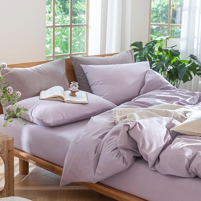 MooMee Bedding Duvet Cover Set 100% Washed Cotton Linen Like Textured Breathable Durable Soft Comfy (Heathered Light Purple, Twin 68"x90")