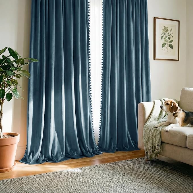NICETOWN Slate Blue Velvet Curtains 84 Inch Length – Pom Pom Room Darkening