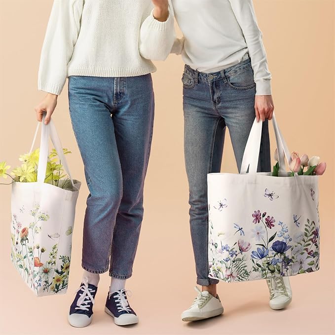 Bencailor 2 Pcs Spring Flower Canvas Tote Bags Reusable Wildflowers Herbs Plant Grocery Bags for Women Shopping Spring Gifts(Stylish)